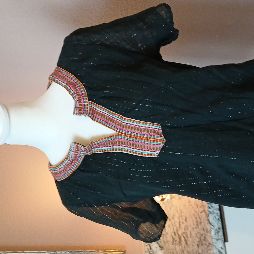 THML Boho Cotton Black Shirt Size L Metallic Embroidered Stripe Detail - Picture 2 of 10